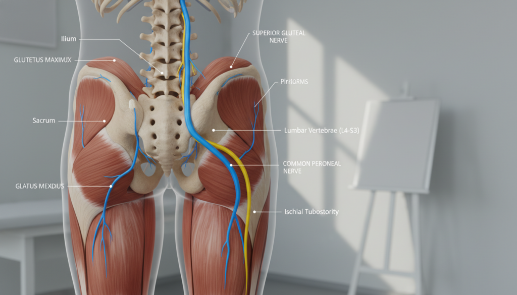 A detailed anatomical illustration of the sciatic nerve, showcasing its path and connections within the human body, specifically emphasizing the gluteus muscle. In the foreground, a realistic depiction of the human pelvis and lower back, clearly marked with anatomical labels. The middle ground features the sciatic nerve in bright colors, tracing its route down the leg, while the gluteus muscles are highlighted for contrast. The background displays a neutral clinical environment, with soft, natural lighting to enhance clarity. The scene should convey a professional and educational atmosphere, with no stylized or exaggerated features; aim for a medically accurate look that avoids any high-gloss aesthetic. A detailed anatomical illustration of the sciatic nerve, showcasing its path and connections within the human body, specifically emphasizing the gluteus muscle. In the foreground, a realistic depiction of the human pelvis and lower back, clearly marked with anatomical labels. The middle ground features the sciatic nerve in bright colors, tracing its route down the leg, while the gluteus muscles are highlighted for contrast. The background displays a neutral clinical environment, with soft, natural lighting to enhance clarity. The scene should convey a professional and educational atmosphere, with no stylized or exaggerated features; aim for a medically accurate look that avoids any high-gloss aesthetic.