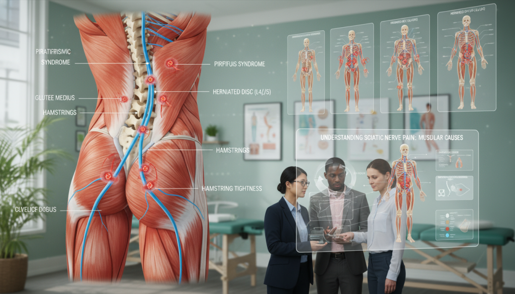 A detailed anatomical illustration showing the causes of sciatic nerve pain, focusing on muscular tensions. In the foreground, a diverse group of individuals in professional attire discussing the human spine and musculature, highlighting areas of tension and nerve pathways on a large digital screen. The middle ground features anatomical diagrams displaying the sciatic nerve’s route and muscle groups involved, rendered in a realistic, informative style. The background includes a calm, well-lit clinic setting with natural lighting, emphasizing a sense of professionalism and health focus. The mood is educational and engaging, designed to inform viewers about the causes of sciatica while maintaining a friendly and approachable atmosphere. A detailed anatomical illustration showing the causes of sciatic nerve pain, focusing on muscular tensions. In the foreground, a diverse group of individuals in professional attire discussing the human spine and musculature, highlighting areas of tension and nerve pathways on a large digital screen. The middle ground features anatomical diagrams displaying the sciatic nerve’s route and muscle groups involved, rendered in a realistic, informative style. The background includes a calm, well-lit clinic setting with natural lighting, emphasizing a sense of professionalism and health focus. The mood is educational and engaging, designed to inform viewers about the causes of sciatica while maintaining a friendly and approachable atmosphere.