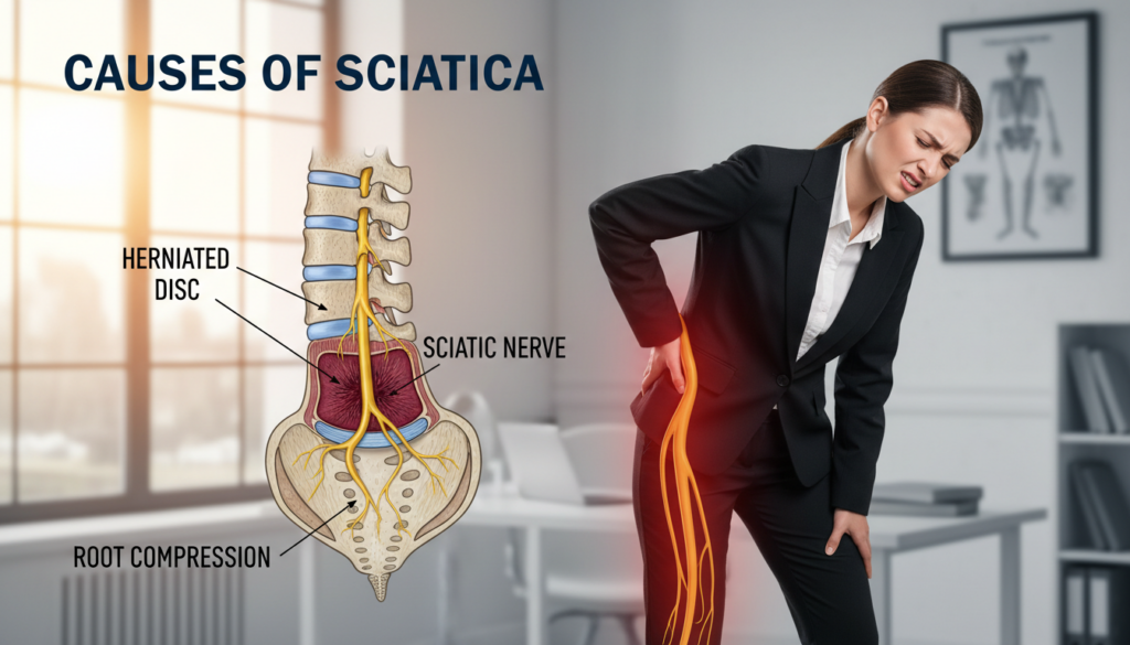 A detailed anatomical illustration showing the causes of sciatica, specifically focusing on a herniated disc and nerve irritation. In the foreground, depict a cross-section of the spine with clear labels, highlighting the discs and nerves in vibrant colors. In the middle ground, include an illustrative representation of a person in a professional outfit experiencing sciatica pain, showcasing a pained expression while gently holding their lower back. The background should feature a subtle depiction of a clinical environment, like an orthopedic office, with soft, natural lighting filtering through a window. The overall mood should convey a sense of urgency and concern, emphasizing the importance of understanding sciatica causes and symptoms in everyday life. A detailed anatomical illustration showing the causes of sciatica, specifically focusing on a herniated disc and nerve irritation. In the foreground, depict a cross-section of the spine with clear labels, highlighting the discs and nerves in vibrant colors. In the middle ground, include an illustrative representation of a person in a professional outfit experiencing sciatica pain, showcasing a pained expression while gently holding their lower back. The background should feature a subtle depiction of a clinical environment, like an orthopedic office, with soft, natural lighting filtering through a window. The overall mood should convey a sense of urgency and concern, emphasizing the importance of understanding sciatica causes and symptoms in everyday life.