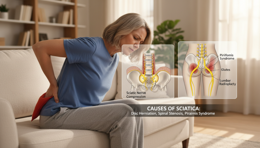 A detailed depiction of a person experiencing sciatic nerve pain in a natural, everyday setting. In the foreground, a middle-aged individual dressed in comfortable casual attire sits on a couch, visibly discomforted, holding their lower back. The middle ground shows anatomical illustrations of the spine and the ischias nerve, highlighting areas of potential irritation. The background features a soft-lit living room with warm, ambient lighting to create a calming atmosphere. Sunlight streams through a window, casting gentle shadows that enhance the realism of the scene. Focus on clear details that convey the causes and diagnoses related to sciatic neuralgia, emphasizing an informative yet relatable tone. A detailed depiction of a person experiencing sciatic nerve pain in a natural, everyday setting. In the foreground, a middle-aged individual dressed in comfortable casual attire sits on a couch, visibly discomforted, holding their lower back. The middle ground shows anatomical illustrations of the spine and the ischias nerve, highlighting areas of potential irritation. The background features a soft-lit living room with warm, ambient lighting to create a calming atmosphere. Sunlight streams through a window, casting gentle shadows that enhance the realism of the scene. Focus on clear details that convey the causes and diagnoses related to sciatic neuralgia, emphasizing an informative yet relatable tone.