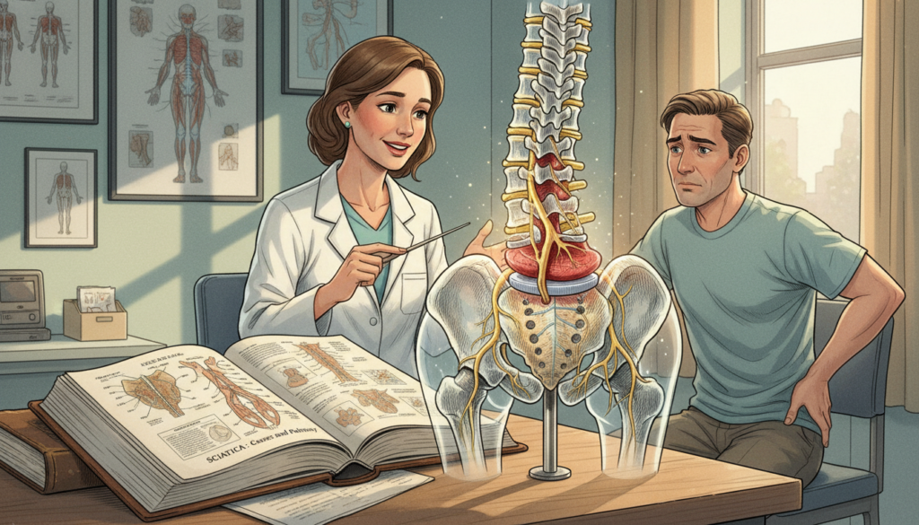 A detailed illustration depicting the causes of sciatica, focusing on a human spine with a highlighted herniated disc. In the foreground, show an open anatomical book displaying diagrams of the spine and nerve pathways. The middle ground features a professional medical practitioner in a lab coat, explaining the issue to a patient, who appears concerned yet attentive. The background includes a clinical setting with medical posters on the wall showing anatomical illustrations, while natural sunlight filters through the window, casting a warm, inviting glow. The atmosphere conveys professionalism and empathy, emphasizing the importance of understanding the causes of sciatica. A detailed illustration depicting the causes of sciatica, focusing on a human spine with a highlighted herniated disc. In the foreground, show an open anatomical book displaying diagrams of the spine and nerve pathways. The middle ground features a professional medical practitioner in a lab coat, explaining the issue to a patient, who appears concerned yet attentive. The background includes a clinical setting with medical posters on the wall showing anatomical illustrations, while natural sunlight filters through the window, casting a warm, inviting glow. The atmosphere conveys professionalism and empathy, emphasizing the importance of understanding the causes of sciatica.