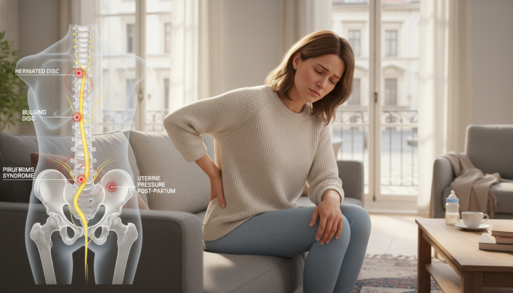 A detailed illustration depicting the causes of sciatica nerve pressure after childbirth. In the foreground, a woman in modest casual clothing is seen sitting on a couch, gently massaging her lower back with a concerned expression. In the middle ground, an anatomical representation of the human spine and the sciatica nerve is highlighted, showing points of pressure and potential irritation. The background features a softly lit living room with natural light filtering through a window, enhancing a calm atmosphere. The scene should feel realistic and relatable, capturing everyday life in a European setting, with a focus on the woman's experience. The overall mood conveys empathy and understanding, emphasizing the challenges faced post-birth. A detailed illustration depicting the causes of sciatica nerve pressure after childbirth. In the foreground, a woman in modest casual clothing is seen sitting on a couch, gently massaging her lower back with a concerned expression. In the middle ground, an anatomical representation of the human spine and the sciatica nerve is highlighted, showing points of pressure and potential irritation. The background features a softly lit living room with natural light filtering through a window, enhancing a calm atmosphere. The scene should feel realistic and relatable, capturing everyday life in a European setting, with a focus on the woman's experience. The overall mood conveys empathy and understanding, emphasizing the challenges faced post-birth.