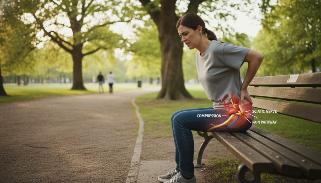 A detailed illustration of Piriformis Syndrome impacting the Sciatic Nerve, set in a natural environment. In the foreground, a person in comfortable, modest casual attire is sitting on a bench, with a pained expression, gripping their lower back. The middle features an anatomical diagram overlay on the lower body, highlighting the gluteus muscles and sciatic nerve, with colored lines indicating tension areas. In the background, a calm public park setting with trees and soft sunlight casts a gentle glow, enhancing the scene's realism. The mood is serious yet educational, aiming to convey the discomfort and anatomical relationships involved in this condition, using natural light and a candid perspective, avoiding any artificial or overly polished aesthetics. A detailed illustration of Piriformis Syndrome impacting the Sciatic Nerve, set in a natural environment. In the foreground, a person in comfortable, modest casual attire is sitting on a bench, with a pained expression, gripping their lower back. The middle features an anatomical diagram overlay on the lower body, highlighting the gluteus muscles and sciatic nerve, with colored lines indicating tension areas. In the background, a calm public park setting with trees and soft sunlight casts a gentle glow, enhancing the scene's realism. The mood is serious yet educational, aiming to convey the discomfort and anatomical relationships involved in this condition, using natural light and a candid perspective, avoiding any artificial or overly polished aesthetics.