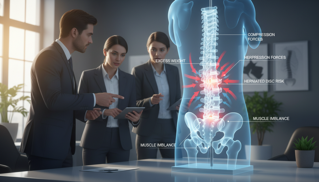 A detailed illustration of mechanical stress on the human spine, focusing on the lumbar region. In the foreground, a diverse group of three individuals, two men and one woman, dressed in professional business attire, are discussing spinal health. The middle section showcases a detailed anatomical model of the spine, highlighting areas affected by excess weight, illustrated with arrows and annotations. The background features a softly lit office environment with natural lighting filtering through a large window, creating a calm and informative atmosphere. The angle captures the individuals engaging with the spinal model, reflecting a sense of inquiry and professionalism. A detailed illustration of mechanical stress on the human spine, focusing on the lumbar region. In the foreground, a diverse group of three individuals, two men and one woman, dressed in professional business attire, are discussing spinal health. The middle section showcases a detailed anatomical model of the spine, highlighting areas affected by excess weight, illustrated with arrows and annotations. The background features a softly lit office environment with natural lighting filtering through a large window, creating a calm and informative atmosphere. The angle captures the individuals engaging with the spinal model, reflecting a sense of inquiry and professionalism.