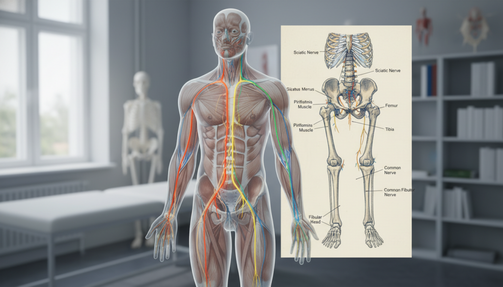 A detailed illustration of the "course of the sciatic nerve" in human anatomy, showcasing the path of the sciatic nerve from the lower back, through the pelvis, down the leg, and branching into various nerves. The foreground features a semi-transparent anatomical model of the human lower body, highlighting the sciatic nerve in bright colors for clarity. In the middle ground, a labeled diagram includes surrounding muscles and bones, providing context without overcrowding the image. The background should be a softly blurred clinical setting with natural lighting, evoking a professional and educational atmosphere. The image should reflect realism, depicting a normal anatomical study environment, avoiding any high-gloss or overly stylized aesthetics. A detailed illustration of the "course of the sciatic nerve" in human anatomy, showcasing the path of the sciatic nerve from the lower back, through the pelvis, down the leg, and branching into various nerves. The foreground features a semi-transparent anatomical model of the human lower body, highlighting the sciatic nerve in bright colors for clarity. In the middle ground, a labeled diagram includes surrounding muscles and bones, providing context without overcrowding the image. The background should be a softly blurred clinical setting with natural lighting, evoking a professional and educational atmosphere. The image should reflect realism, depicting a normal anatomical study environment, avoiding any high-gloss or overly stylized aesthetics.