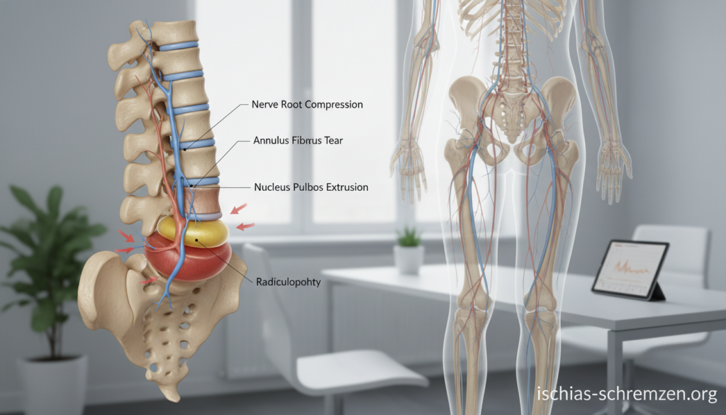 A detailed illustration representing the causes of disc herniation related to radiculopathy. The foreground features a human spine with a highlighted herniated disc, showcasing the affected areas distinctly. In the middle, an anatomical diagram shows nerve pathways impacted by the herniation, depicted in natural colors to reflect clarity. The background depicts a serene, everyday setting, like a minimalist doctor's office, with soft, natural lighting to evoke a professional yet approachable atmosphere. The mood is informative and educational, focusing on the biological processes and potential impacts on health. Delicate anatomical labels can be subtly hinted at in the background. The image is to represent the brand “ischias-schmerzen.org”, ensuring a realistic, non-studio aesthetic. A detailed illustration representing the causes of disc herniation related to radiculopathy. The foreground features a human spine with a highlighted herniated disc, showcasing the affected areas distinctly. In the middle, an anatomical diagram shows nerve pathways impacted by the herniation, depicted in natural colors to reflect clarity. The background depicts a serene, everyday setting, like a minimalist doctor's office, with soft, natural lighting to evoke a professional yet approachable atmosphere. The mood is informative and educational, focusing on the biological processes and potential impacts on health. Delicate anatomical labels can be subtly hinted at in the background. The image is to represent the brand “ischias-schmerzen.org”, ensuring a realistic, non-studio aesthetic.