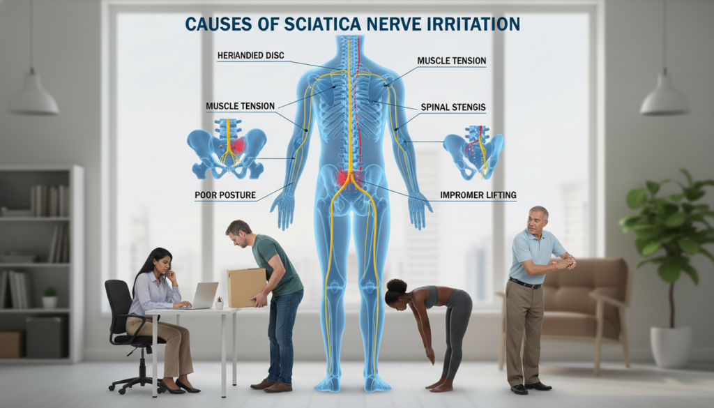 A detailed medical illustration depicting the causes of sciatica nerve irritation. In the foreground, a diverse group of normal individuals, dressed in modest casual clothing, is engaging in various activities that could contribute to nerve strain, such as sitting at a desk, lifting heavy boxes, and stretching exercises. The middle ground features anatomical diagrams of the lower back and pelvis, highlighting nerves and potential sources of irritation like herniated discs or muscle tension. The background shows a softly lit office environment with natural lighting coming through windows, suggesting an everyday setting. The atmosphere is professional yet relatable, evoking a sense of awareness and understanding of sciatica and its risk factors. The composition should have a balanced layout, emphasizing clarity and educational value without focusing on any one person. A detailed medical illustration depicting the causes of sciatica nerve irritation. In the foreground, a diverse group of normal individuals, dressed in modest casual clothing, is engaging in various activities that could contribute to nerve strain, such as sitting at a desk, lifting heavy boxes, and stretching exercises. The middle ground features anatomical diagrams of the lower back and pelvis, highlighting nerves and potential sources of irritation like herniated discs or muscle tension. The background shows a softly lit office environment with natural lighting coming through windows, suggesting an everyday setting. The atmosphere is professional yet relatable, evoking a sense of awareness and understanding of sciatica and its risk factors. The composition should have a balanced layout, emphasizing clarity and educational value without focusing on any one person.