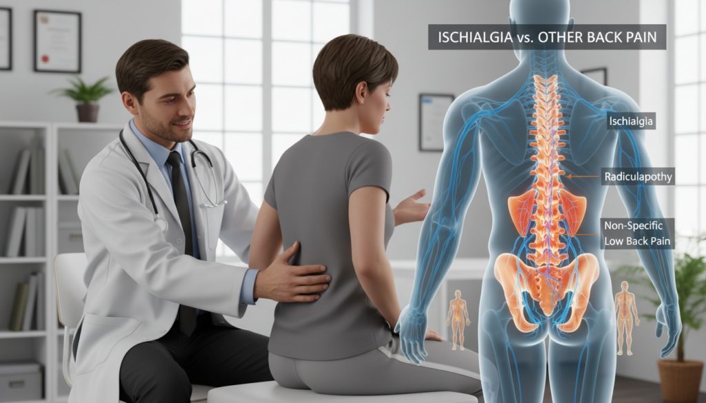 A detailed medical illustration showcasing the differentiation between ischialgia and other types of back pain. In the foreground, depict a professional healthcare practitioner, dressed in a white lab coat and business attire, examining a patient with a focused expression. The middle ground features a diagrammatic representation of the human spine, highlighting the areas affected by ischialgia compared to other back pain conditions, using color coding for clarity. In the background, an office setting with natural lighting creates a warm, clinical atmosphere. Use realistic textures and soft lighting to give the scene an approachable feel, evoking a sense of professionalism and care. The composition should invite viewers to explore the anatomical details while maintaining a clear focus on the distinction between conditions. A detailed medical illustration showcasing the differentiation between ischialgia and other types of back pain. In the foreground, depict a professional healthcare practitioner, dressed in a white lab coat and business attire, examining a patient with a focused expression. The middle ground features a diagrammatic representation of the human spine, highlighting the areas affected by ischialgia compared to other back pain conditions, using color coding for clarity. In the background, an office setting with natural lighting creates a warm, clinical atmosphere. Use realistic textures and soft lighting to give the scene an approachable feel, evoking a sense of professionalism and care. The composition should invite viewers to explore the anatomical details while maintaining a clear focus on the distinction between conditions.