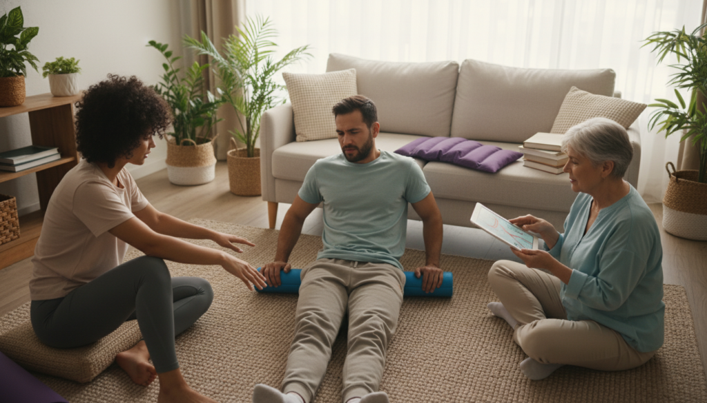 A focused scene depicting immediate relief measures for acute sciatic nerve pain. In the foreground, a diverse group of three individuals, dressed in modest casual clothing, are engaged in discussions. One person demonstrates gentle stretching, while another uses a foam roller on their lower back. In the middle ground, a comfortable living room setting features a yoga mat and a heat pack resting on a nearby couch, suggesting relaxation and care. The background displays a calming environment with soft, natural light streaming in through a window, creating an inviting atmosphere. The angle captures a slight overhead view, emphasizing the supportive and communal effort to address pain relief. The overall mood is reassuring and proactive, highlighting practical solutions in a realistic, everyday context. A focused scene depicting immediate relief measures for acute sciatic nerve pain. In the foreground, a diverse group of three individuals, dressed in modest casual clothing, are engaged in discussions. One person demonstrates gentle stretching, while another uses a foam roller on their lower back. In the middle ground, a comfortable living room setting features a yoga mat and a heat pack resting on a nearby couch, suggesting relaxation and care. The background displays a calming environment with soft, natural light streaming in through a window, creating an inviting atmosphere. The angle captures a slight overhead view, emphasizing the supportive and communal effort to address pain relief. The overall mood is reassuring and proactive, highlighting practical solutions in a realistic, everyday context.