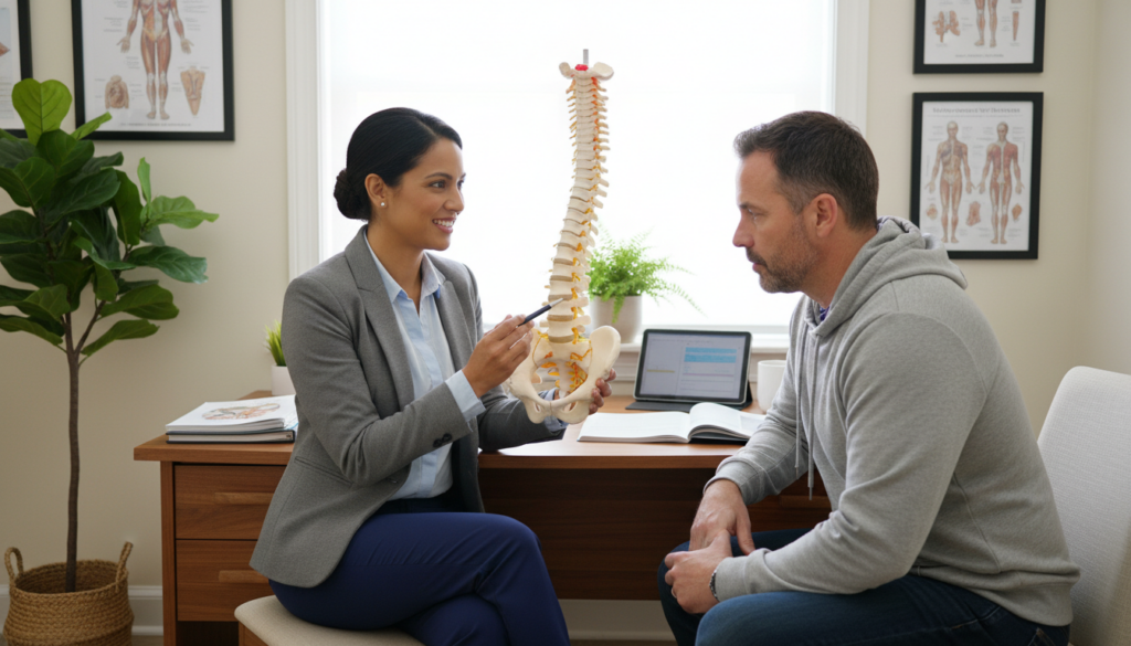A healthcare professional in a bright, inviting clinic setting, engaging in a thoughtful medical consultation with a patient experiencing sciatica pain. The doctor, dressed in smart business attire, sits across a desk, examining a detailed anatomical model of the spine and discussing treatment options. The patient, wearing comfortable casual clothing, appears attentive and interested. Soft, natural daylight filters through a window, illuminating the room, which has neutral-colored walls and medical posters in the background. A plant adds a touch of warmth. The atmosphere is calm and professional, reflecting a supportive environment for discussing complementary therapies for sciatica relief. Focused on the interaction, emphasizing the importance of medical advice. A healthcare professional in a bright, inviting clinic setting, engaging in a thoughtful medical consultation with a patient experiencing sciatica pain. The doctor, dressed in smart business attire, sits across a desk, examining a detailed anatomical model of the spine and discussing treatment options. The patient, wearing comfortable casual clothing, appears attentive and interested. Soft, natural daylight filters through a window, illuminating the room, which has neutral-colored walls and medical posters in the background. A plant adds a touch of warmth. The atmosphere is calm and professional, reflecting a supportive environment for discussing complementary therapies for sciatica relief. Focused on the interaction, emphasizing the importance of medical advice.