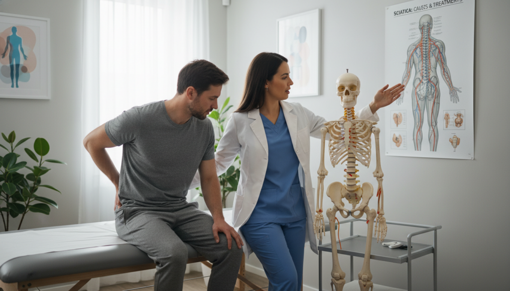 A healthcare professional in a modern clinic setting, examining a patient with lower back pain. The doctor, dressed in professional attire, is pointing to a diagram of the spine and sciatic nerve on a wall poster, while the patient, casually dressed in comfortable clothing, sits on an examination table, looking attentive. In the foreground, a model skeleton illustrating the human spine and pelvis emphasizes the anatomical aspects of sciatica. In the background, natural light pours through a window, creating a warm and inviting atmosphere. The overall mood is informative and supportive, reflecting the serious yet hopeful nature of addressing sciatica pain causes and treatments in a real-world context. A healthcare professional in a modern clinic setting, examining a patient with lower back pain. The doctor, dressed in professional attire, is pointing to a diagram of the spine and sciatic nerve on a wall poster, while the patient, casually dressed in comfortable clothing, sits on an examination table, looking attentive. In the foreground, a model skeleton illustrating the human spine and pelvis emphasizes the anatomical aspects of sciatica. In the background, natural light pours through a window, creating a warm and inviting atmosphere. The overall mood is informative and supportive, reflecting the serious yet hopeful nature of addressing sciatica pain causes and treatments in a real-world context.