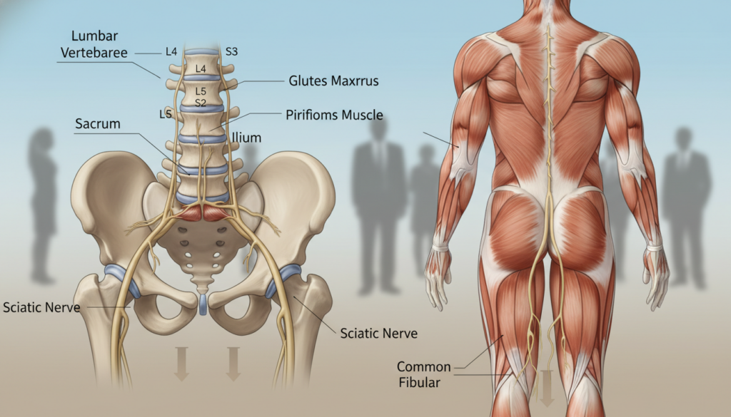 A highly detailed anatomical illustration of the course of the sciatic nerve, highlighting its path through the spine, gluteal region, and down into the leg. In the foreground, a labeled diagram of the lumbar spine and pelvic area, showing vertebrae, intervertebral discs, and the sciatic nerve in a natural coloring scheme. The middle layer should depict muscles of the gluteus maximus and hamstring, with shading to indicate muscle tension. The background features a soft gradient to enhance depth, with a subtle representation of human silhouette outlines in professional attire to emphasize anatomy. The lighting is natural, with a focus on clarity and realism, using a neutral tone and soft shadows to create an informative, educational atmosphere. A highly detailed anatomical illustration of the course of the sciatic nerve, highlighting its path through the spine, gluteal region, and down into the leg. In the foreground, a labeled diagram of the lumbar spine and pelvic area, showing vertebrae, intervertebral discs, and the sciatic nerve in a natural coloring scheme. The middle layer should depict muscles of the gluteus maximus and hamstring, with shading to indicate muscle tension. The background features a soft gradient to enhance depth, with a subtle representation of human silhouette outlines in professional attire to emphasize anatomy. The lighting is natural, with a focus on clarity and realism, using a neutral tone and soft shadows to create an informative, educational atmosphere.