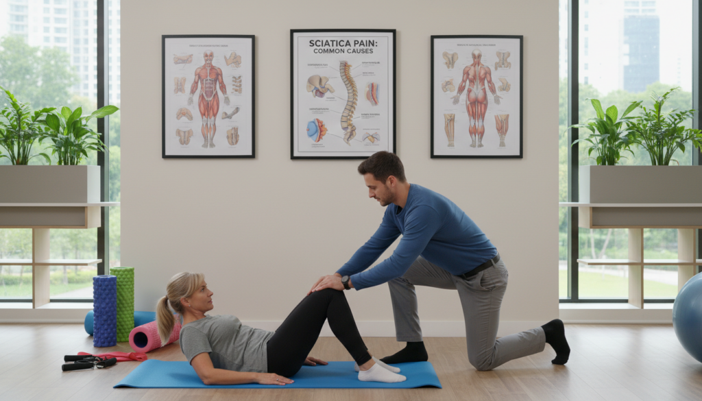 A male physiotherapist in a modern clinic setting, dressed in smart casual attire, is demonstrating an exercise to a middle-aged female patient who appears attentive and focused. In the foreground, they are positioned on a yoga mat, amidst various physiotherapy equipment. The middle ground features anatomical posters outlining the causes of sciatica pain, such as herniated discs and spinal stenosis, emphasizing the section title. The background shows a wall decorated with plants and natural light streaming through large windows, creating a calm and inviting atmosphere. Capture this scene in a realistic, everyday style with soft, natural lighting to highlight the professionalism and seriousness of physiotherapy. The angle should be slightly elevated, capturing both the interaction and the informative elements in the scene. A male physiotherapist in a modern clinic setting, dressed in smart casual attire, is demonstrating an exercise to a middle-aged female patient who appears attentive and focused. In the foreground, they are positioned on a yoga mat, amidst various physiotherapy equipment. The middle ground features anatomical posters outlining the causes of sciatica pain, such as herniated discs and spinal stenosis, emphasizing the section title. The background shows a wall decorated with plants and natural light streaming through large windows, creating a calm and inviting atmosphere. Capture this scene in a realistic, everyday style with soft, natural lighting to highlight the professionalism and seriousness of physiotherapy. The angle should be slightly elevated, capturing both the interaction and the informative elements in the scene.