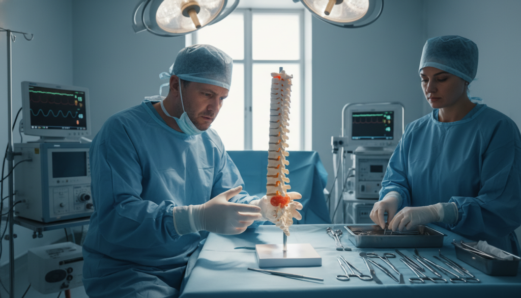 A medical team in a brightly lit, realistic operating room prepares for spinal surgery, focusing on a detailed view of a herniated disc model on the surgical table. In the foreground, a surgeon in professional attire is shown examining the model intently, demonstrating concern and expertise. In the middle, a nurse organizes surgical instruments, highlighting the meticulous preparation involved in such operations. The background features operating room equipment gently illuminated by natural light coming through a window, creating a calm and focused atmosphere. The overall mood conveys seriousness and professionalism, capturing the critical moment before a surgery on a patient experiencing severe sciatica due to a herniated disc. A medical team in a brightly lit, realistic operating room prepares for spinal surgery, focusing on a detailed view of a herniated disc model on the surgical table. In the foreground, a surgeon in professional attire is shown examining the model intently, demonstrating concern and expertise. In the middle, a nurse organizes surgical instruments, highlighting the meticulous preparation involved in such operations. The background features operating room equipment gently illuminated by natural light coming through a window, creating a calm and focused atmosphere. The overall mood conveys seriousness and professionalism, capturing the critical moment before a surgery on a patient experiencing severe sciatica due to a herniated disc.