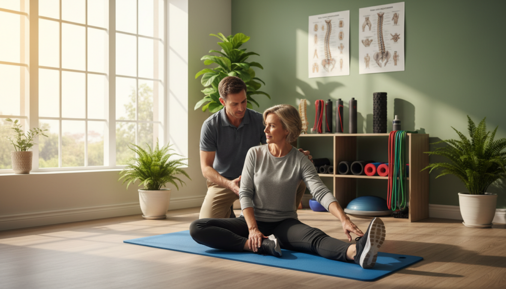 A peaceful clinical setting showcasing conservative treatment options for sciatica. In the foreground, a caring healthcare professional, dressed in a smart casual outfit, demonstrates stretching exercises to a middle-aged patient. The patient is seated on an exercise mat, appearing engaged and attentive. In the middle ground, there are various physical therapy tools like resistance bands and foam rollers neatly organized. Bright, natural light pours in from a large window, enhancing the comforting atmosphere. The background features soft green plants and anatomical charts, creating a soothing, educational environment. The overall mood is one of reassurance and healing, focusing on non-invasive approaches to manage pain effectively. A peaceful clinical setting showcasing conservative treatment options for sciatica. In the foreground, a caring healthcare professional, dressed in a smart casual outfit, demonstrates stretching exercises to a middle-aged patient. The patient is seated on an exercise mat, appearing engaged and attentive. In the middle ground, there are various physical therapy tools like resistance bands and foam rollers neatly organized. Bright, natural light pours in from a large window, enhancing the comforting atmosphere. The background features soft green plants and anatomical charts, creating a soothing, educational environment. The overall mood is one of reassurance and healing, focusing on non-invasive approaches to manage pain effectively.