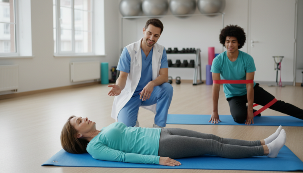 A physiotherapy session focusing on sciatic pain relief, showcasing a diverse group of individuals engaged in various therapeutic exercises. In the foreground, a middle-aged woman demonstrates a stretching exercise on a yoga mat, wearing comfortable, professional athletic clothing. Beside her, a young man performs a strengthening exercise using a resistance band. In the middle ground, a certified physiotherapist offers guidance, with a warm smile, and supportive demeanor. The background features a well-lit treatment room with exercise equipment like stability balls and foam rollers, illuminated by soft, natural light from a nearby window. The atmosphere conveys a sense of calm and encouragement, promoting wellness and recovery in a realistic, everyday setting. A physiotherapy session focusing on sciatic pain relief, showcasing a diverse group of individuals engaged in various therapeutic exercises. In the foreground, a middle-aged woman demonstrates a stretching exercise on a yoga mat, wearing comfortable, professional athletic clothing. Beside her, a young man performs a strengthening exercise using a resistance band. In the middle ground, a certified physiotherapist offers guidance, with a warm smile, and supportive demeanor. The background features a well-lit treatment room with exercise equipment like stability balls and foam rollers, illuminated by soft, natural light from a nearby window. The atmosphere conveys a sense of calm and encouragement, promoting wellness and recovery in a realistic, everyday setting.