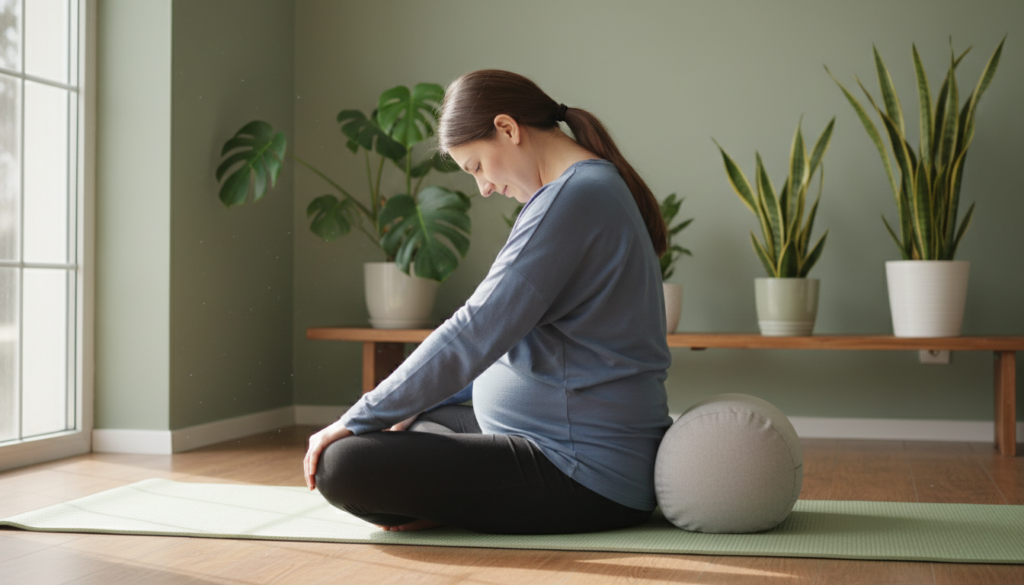 A pregnant woman in her second trimester, wearing comfortable, modest athletic clothing, is practicing gentle back exercises in a cozy, home environment. In the foreground, she is in a supported seated forward bend, with a yoga mat beneath her. The middle ground features soft, natural light streaming through a window, illuminating her serene expression and creating a calm atmosphere. Light green walls and a few indoor plants in the background add to the tranquility of the setting. The angle captures her side profile, focusing on her posture and the support of a cushion behind her back. The scene conveys a sense of well-being and relaxation, emphasizing the importance of gentle back relief practices for pregnant women. A pregnant woman in her second trimester, wearing comfortable, modest athletic clothing, is practicing gentle back exercises in a cozy, home environment. In the foreground, she is in a supported seated forward bend, with a yoga mat beneath her. The middle ground features soft, natural light streaming through a window, illuminating her serene expression and creating a calm atmosphere. Light green walls and a few indoor plants in the background add to the tranquility of the setting. The angle captures her side profile, focusing on her posture and the support of a cushion behind her back. The scene conveys a sense of well-being and relaxation, emphasizing the importance of gentle back relief practices for pregnant women.