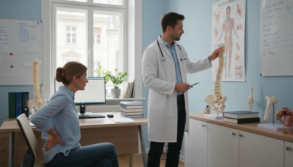 A professional healthcare scene depicting the diagnosis of sciatica causes in a well-lit office environment. In the foreground, a doctor, dressed in a lab coat and smart attire, is attentively examining a patient's back with a model spine and diagrams illustrating nerve pathways. The middle ground features a sleek, modern consultation room filled with medical charts, a computer, and anatomical models relevant to sciatica. In the background, a window allows natural light to flood the space, creating a soothing, empathetic atmosphere. The overall mood is informative yet compassionate, capturing everyday medical practice without any artificial gloss, focusing on realism and approachability in a European setting. A professional healthcare scene depicting the diagnosis of sciatica causes in a well-lit office environment. In the foreground, a doctor, dressed in a lab coat and smart attire, is attentively examining a patient's back with a model spine and diagrams illustrating nerve pathways. The middle ground features a sleek, modern consultation room filled with medical charts, a computer, and anatomical models relevant to sciatica. In the background, a window allows natural light to flood the space, creating a soothing, empathetic atmosphere. The overall mood is informative yet compassionate, capturing everyday medical practice without any artificial gloss, focusing on realism and approachability in a European setting.