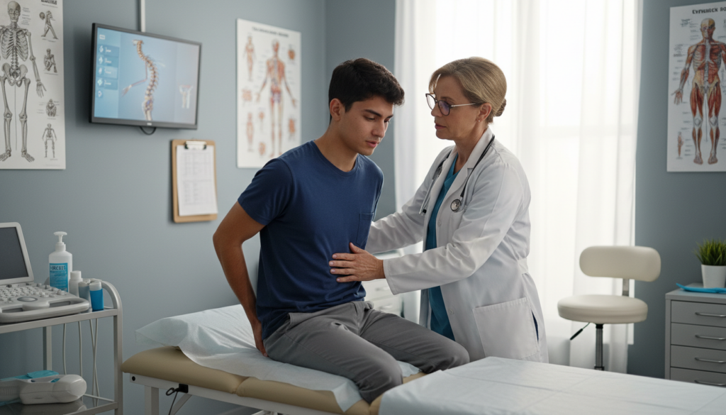 A professional healthcare setting focused on the diagnosis of ischialgia, featuring a doctor and a patient. In the foreground, the doctor, a middle-aged Caucasian woman in a white lab coat and glasses, is examining the patient's lower back with a thoughtful expression. The patient, a young Hispanic man in casual but neat clothing, sits on an examination table, appearing attentive. In the middle ground, medical charts and anatomical posters of the human spine and nerve systems are visible. The background includes medical equipment and soft, natural lighting filtering through a window, creating a calm and professional atmosphere. The scene reflects empathy and professionalism, capturing the essence of patient assessment and care. A professional healthcare setting focused on the diagnosis of ischialgia, featuring a doctor and a patient. In the foreground, the doctor, a middle-aged Caucasian woman in a white lab coat and glasses, is examining the patient's lower back with a thoughtful expression. The patient, a young Hispanic man in casual but neat clothing, sits on an examination table, appearing attentive. In the middle ground, medical charts and anatomical posters of the human spine and nerve systems are visible. The background includes medical equipment and soft, natural lighting filtering through a window, creating a calm and professional atmosphere. The scene reflects empathy and professionalism, capturing the essence of patient assessment and care.