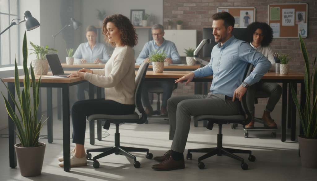 A professional office setting featuring a diverse group of individuals seated at desks, practicing ergonomic sitting positions to alleviate back pain. In the foreground, a woman in smart-casual attire adjusts her chair height, while a man beside her demonstrates proper lumbar support with a cushion. The middle area contains plant decor and warm wooden desks, reinforcing a natural look. Soft natural light streams in from a nearby window, casting gentle shadows. The background reveals a modern yet cozy workspace with inspirational posters related to health and wellness. The mood is focused yet relaxed, enhancing the theme of wellness and comfort while working. A professional office setting featuring a diverse group of individuals seated at desks, practicing ergonomic sitting positions to alleviate back pain. In the foreground, a woman in smart-casual attire adjusts her chair height, while a man beside her demonstrates proper lumbar support with a cushion. The middle area contains plant decor and warm wooden desks, reinforcing a natural look. Soft natural light streams in from a nearby window, casting gentle shadows. The background reveals a modern yet cozy workspace with inspirational posters related to health and wellness. The mood is focused yet relaxed, enhancing the theme of wellness and comfort while working.