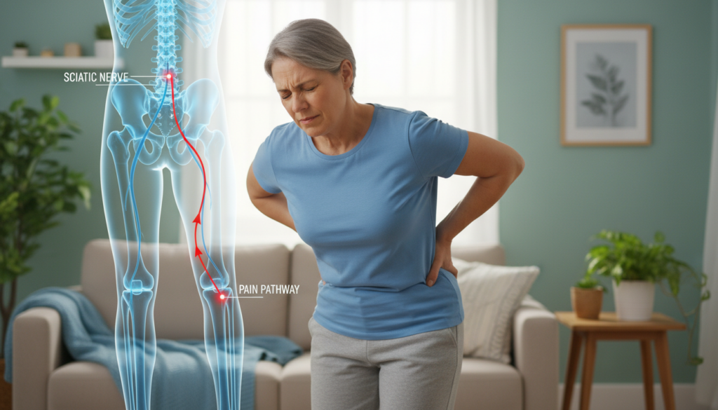 A realistic and natural scene illustrating the progression of sciatic nerve pain. In the foreground, a middle-aged individual dressed in modest casual clothing, holding their lower back with a pained expression, exemplifying discomfort. In the middle ground, a diagrammatic representation of the sciatic nerve, annotated with arrows indicating pain pathways, surrounded by soft, diffused natural lighting that accentuates the anatomical focus. The background features a calm, home-like setting with soothing colors, such as light blues and greens, to convey a sense of empathy and understanding of the condition. The overall mood should evoke a combination of seriousness and hope, inviting viewers to engage with the topic thoughtfully. A realistic and natural scene illustrating the progression of sciatic nerve pain. In the foreground, a middle-aged individual dressed in modest casual clothing, holding their lower back with a pained expression, exemplifying discomfort. In the middle ground, a diagrammatic representation of the sciatic nerve, annotated with arrows indicating pain pathways, surrounded by soft, diffused natural lighting that accentuates the anatomical focus. The background features a calm, home-like setting with soothing colors, such as light blues and greens, to convey a sense of empathy and understanding of the condition. The overall mood should evoke a combination of seriousness and hope, inviting viewers to engage with the topic thoughtfully.