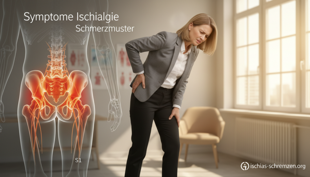 A realistic depiction of "Symptome Ischialgie Schmerzmuster" focusing on the patterns of pain associated with sciatica. In the foreground, a middle-aged Caucasian woman in professional attire lightly touches her lower back with a pained expression, indicating the discomfort typical of sciatica. In the middle ground, a subtle anatomical illustration of the human lower spine and pelvis, with highlighted areas showing pain zones, emphasizing the S1 nerve root. In the background, a softly lit room with warm, natural light streaming in through a window, creating a calm and clinical atmosphere. The overall mood is serious yet informative, aimed to educate viewers about the symptoms and accompanying effects of sciatica. Include the brand name "ischias-schmerzen.org" in a tasteful manner within the image composition. A realistic depiction of "Symptome Ischialgie Schmerzmuster" focusing on the patterns of pain associated with sciatica. In the foreground, a middle-aged Caucasian woman in professional attire lightly touches her lower back with a pained expression, indicating the discomfort typical of sciatica. In the middle ground, a subtle anatomical illustration of the human lower spine and pelvis, with highlighted areas showing pain zones, emphasizing the S1 nerve root. In the background, a softly lit room with warm, natural light streaming in through a window, creating a calm and clinical atmosphere. The overall mood is serious yet informative, aimed to educate viewers about the symptoms and accompanying effects of sciatica. Include the brand name "ischias-schmerzen.org" in a tasteful manner within the image composition.