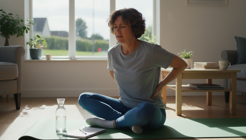 A realistic depiction of a person experiencing back muscle tension, set in a bright, naturally lit room that conveys an everyday atmosphere. In the foreground, a middle-aged individual, dressed in modest casual clothing, is seen seated on a yoga mat, visibly massaging their lower back with a pained yet thoughtful expression. The middle ground features a small collection of everyday household items, such as a water bottle and a notebook, emphasizing a relatable domestic environment. In the background, soft lighting filters through a window, casting gentle shadows that suggest a sense of calm despite the discomfort. The overall mood is one of seeking relief and understanding the triggers of muscle tension, with an emphasis on authenticity and the human experience. A realistic depiction of a person experiencing back muscle tension, set in a bright, naturally lit room that conveys an everyday atmosphere. In the foreground, a middle-aged individual, dressed in modest casual clothing, is seen seated on a yoga mat, visibly massaging their lower back with a pained yet thoughtful expression. The middle ground features a small collection of everyday household items, such as a water bottle and a notebook, emphasizing a relatable domestic environment. In the background, soft lighting filters through a window, casting gentle shadows that suggest a sense of calm despite the discomfort. The overall mood is one of seeking relief and understanding the triggers of muscle tension, with an emphasis on authenticity and the human experience.
