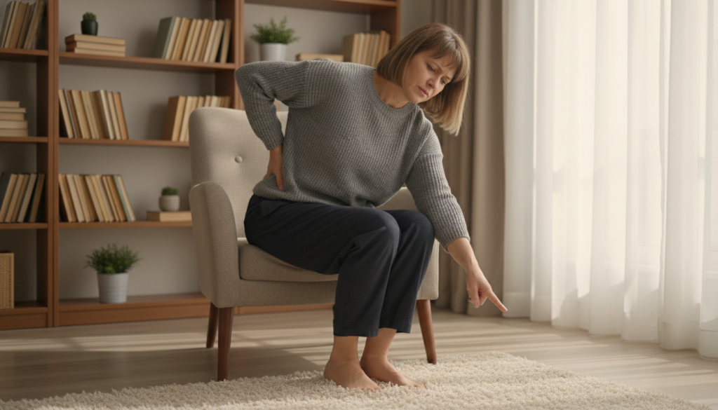 A realistic depiction of a person experiencing neuropathic pain in their lower back and leg, seated on a chair in a cozy, well-lit living room. The individual, dressed in modest casual attire, has a pained expression, gently holding their lower back with one hand while extending the other towards their leg, indicating discomfort. The foreground highlights their body language, emphasizing the struggle with pain. In the middle, a light wooden floor and a soft rug add warmth to the scene. The background features a blurred bookshelf and a window allowing natural light to filter through, creating an inviting yet somber atmosphere. The lighting is soft and natural, reminiscent of a calm afternoon, enhancing the relatable, everyday setting. A realistic depiction of a person experiencing neuropathic pain in their lower back and leg, seated on a chair in a cozy, well-lit living room. The individual, dressed in modest casual attire, has a pained expression, gently holding their lower back with one hand while extending the other towards their leg, indicating discomfort. The foreground highlights their body language, emphasizing the struggle with pain. In the middle, a light wooden floor and a soft rug add warmth to the scene. The background features a blurred bookshelf and a window allowing natural light to filter through, creating an inviting yet somber atmosphere. The lighting is soft and natural, reminiscent of a calm afternoon, enhancing the relatable, everyday setting.