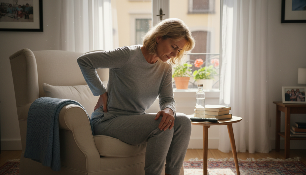 A realistic depiction of a person experiencing symptoms of sciatic nerve pain, seated in a comfortable, well-lit living room. In the foreground, a middle-aged individual in modest casual clothing is gently rubbing their lower back with a pained expression. The middle ground features a cozy armchair with a soft blanket draped over it and a side table with a water bottle, suggesting comfort and relief. The background shows a bright window letting in natural light, highlighting the tranquil setting of a European home. The atmosphere is empathetic and relatable, capturing the everyday struggle of dealing with sciatica symptoms. Focus on natural colors and soft shadows to enhance the realistic feel of the scene. A realistic depiction of a person experiencing symptoms of sciatic nerve pain, seated in a comfortable, well-lit living room. In the foreground, a middle-aged individual in modest casual clothing is gently rubbing their lower back with a pained expression. The middle ground features a cozy armchair with a soft blanket draped over it and a side table with a water bottle, suggesting comfort and relief. The background shows a bright window letting in natural light, highlighting the tranquil setting of a European home. The atmosphere is empathetic and relatable, capturing the everyday struggle of dealing with sciatica symptoms. Focus on natural colors and soft shadows to enhance the realistic feel of the scene.