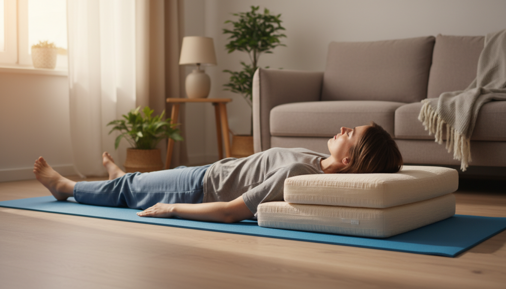 A realistic, everyday scene depicting a lower back support technique for relieving sciatica, focusing on the "stufenlagerung" (step positioning) method. In the foreground, a person in modest casual wear is lying down on a comfortable mat, with their lower back elevated on padded cushions in a stepped formation. The middle layer features a soft, inviting setting with warm, natural lighting streaming from a nearby window, highlighting the contours of the cushions. The background includes a serene home environment, with subtle decor that suggests a relaxed, therapeutic atmosphere. The overall mood is calm and reassuring, emphasizing comfort and relief from discomfort. The image should avoid any glossy, artificial aesthetics and instead reflect a genuine, relatable scenario. A realistic, everyday scene depicting a lower back support technique for relieving sciatica, focusing on the "stufenlagerung" (step positioning) method. In the foreground, a person in modest casual wear is lying down on a comfortable mat, with their lower back elevated on padded cushions in a stepped formation. The middle layer features a soft, inviting setting with warm, natural lighting streaming from a nearby window, highlighting the contours of the cushions. The background includes a serene home environment, with subtle decor that suggests a relaxed, therapeutic atmosphere. The overall mood is calm and reassuring, emphasizing comfort and relief from discomfort. The image should avoid any glossy, artificial aesthetics and instead reflect a genuine, relatable scenario.