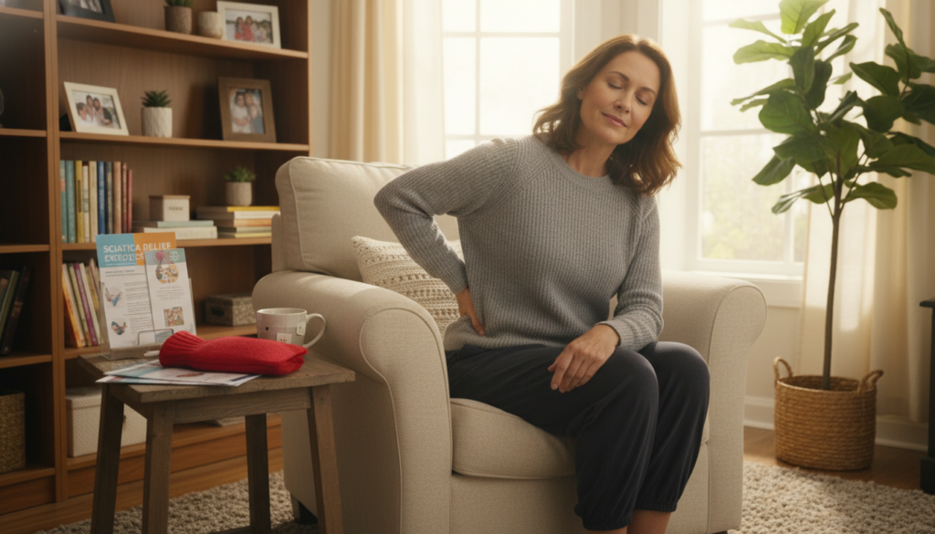 A realistic indoor setting featuring a warm, inviting room with soft, natural lighting. In the foreground, a middle-aged person sitting on a comfortable chair is gently massaging their lower back with one hand, showing a relaxed yet attentive expression. They wear casual, modest clothing, embodying a relatable, everyday individual. In the middle ground, a small table displays a hot water bottle and a few exercise brochures related to sciatica relief. The background includes a cozy bookshelf and a potted plant, enhancing the atmosphere of comfort and care. The overall mood conveys a sense of immediate relief and practical action for managing sciatica pain, with an emphasis on everyday solutions. A realistic indoor setting featuring a warm, inviting room with soft, natural lighting. In the foreground, a middle-aged person sitting on a comfortable chair is gently massaging their lower back with one hand, showing a relaxed yet attentive expression. They wear casual, modest clothing, embodying a relatable, everyday individual. In the middle ground, a small table displays a hot water bottle and a few exercise brochures related to sciatica relief. The background includes a cozy bookshelf and a potted plant, enhancing the atmosphere of comfort and care. The overall mood conveys a sense of immediate relief and practical action for managing sciatica pain, with an emphasis on everyday solutions.