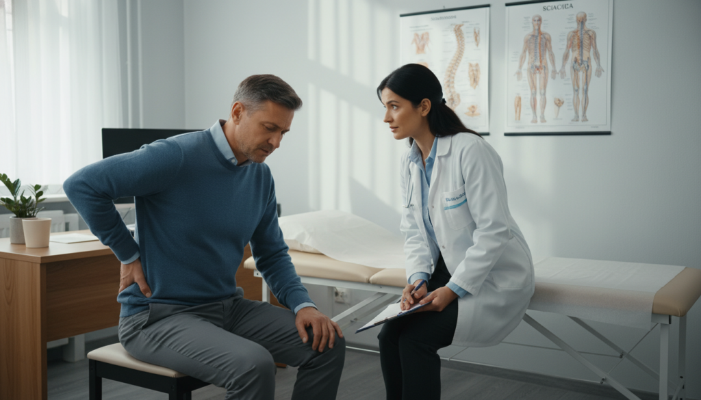 A realistic medical consultation scene in a doctor's office, focusing on a healthcare professional examining a patient with symptoms of sciatica. In the foreground, a doctor wearing a white coat and business attire is attentively listening to the patient, who is seated and appears concerned. The middle ground features a medical examination table and a backdrop of anatomical charts related to the spine and nerves, creating an informative atmosphere. The lighting is soft and natural, reflecting a calm and inviting environment, indicative of a typical European healthcare setting. The overall mood is professional yet empathetic, aiming to convey the seriousness of the diagnosis while ensuring the patient feels supported and cared for. A realistic medical consultation scene in a doctor's office, focusing on a healthcare professional examining a patient with symptoms of sciatica. In the foreground, a doctor wearing a white coat and business attire is attentively listening to the patient, who is seated and appears concerned. The middle ground features a medical examination table and a backdrop of anatomical charts related to the spine and nerves, creating an informative atmosphere. The lighting is soft and natural, reflecting a calm and inviting environment, indicative of a typical European healthcare setting. The overall mood is professional yet empathetic, aiming to convey the seriousness of the diagnosis while ensuring the patient feels supported and cared for.