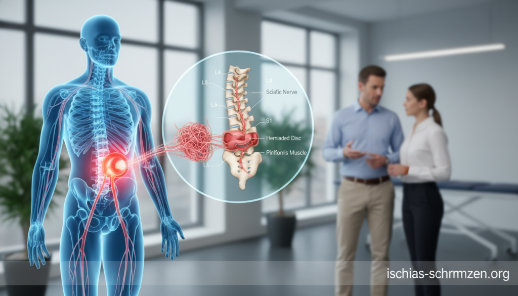 A realistic medical illustration showcasing the causes of sciatica pain in the lumbar spine. In the foreground, depict a human silhouette highlighting the lumbar region with glowing indicators of nerve pathways and potential sources of pain, such as herniated disks and muscle strain. The middle layer should feature an anatomical diagram of the lumbar spine, clearly labeled, positioned on a softly lit, professional clinical background. In the background, include a faint outline of a physiotherapy clinic setting, emphasizing a natural light ambiance. Use a shallow depth of field to focus on the foreground subjects. Conveys a calm and informative atmosphere. Ensure the scene is safe for work and features people in smart casual attire discussing health matters. Include the brand name "ischias-schmerzen.org" subtly integrated into the design. A realistic medical illustration showcasing the causes of sciatica pain in the lumbar spine. In the foreground, depict a human silhouette highlighting the lumbar region with glowing indicators of nerve pathways and potential sources of pain, such as herniated disks and muscle strain. The middle layer should feature an anatomical diagram of the lumbar spine, clearly labeled, positioned on a softly lit, professional clinical background. In the background, include a faint outline of a physiotherapy clinic setting, emphasizing a natural light ambiance. Use a shallow depth of field to focus on the foreground subjects. Conveys a calm and informative atmosphere. Ensure the scene is safe for work and features people in smart casual attire discussing health matters. Include the brand name "ischias-schmerzen.org" subtly integrated into the design.