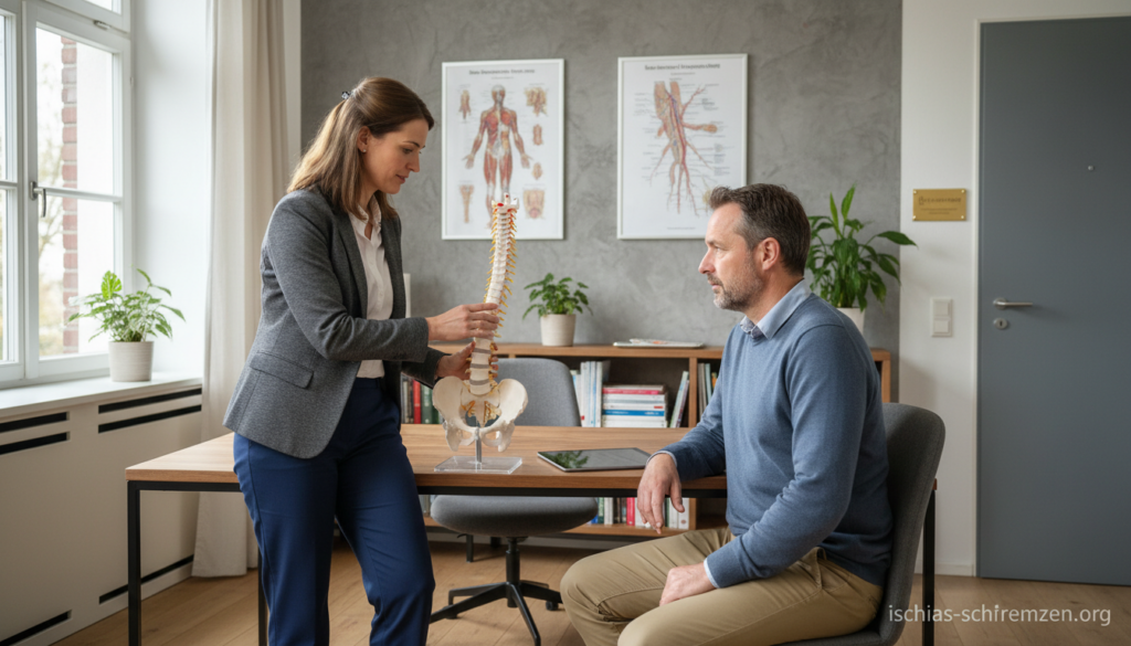 A realistic medical scene depicting the diagnosis of sciatica (Ischiasnerv) in a well-lit, natural-light environment. In the foreground, a healthcare professional in business attire, examining a spinal model on a desk, engaged in conversation with a patient, who is dressed in modest casual clothing. The middle ground features anatomical charts of the spine and nervous system on the wall, illustrating the ischial region. In the background, an inviting yet clinical office setting with soft window light creating a calm, reassuring atmosphere. This composition emphasizes professionalism and empathy in patient care, suitable for a medical article on ischialgia. Include subtle branding elements of "ischias-schmerzen.org" in the scene. A realistic medical scene depicting the diagnosis of sciatica (Ischiasnerv) in a well-lit, natural-light environment. In the foreground, a healthcare professional in business attire, examining a spinal model on a desk, engaged in conversation with a patient, who is dressed in modest casual clothing. The middle ground features anatomical charts of the spine and nervous system on the wall, illustrating the ischial region. In the background, an inviting yet clinical office setting with soft window light creating a calm, reassuring atmosphere. This composition emphasizes professionalism and empathy in patient care, suitable for a medical article on ischialgia. Include subtle branding elements of "ischias-schmerzen.org" in the scene.