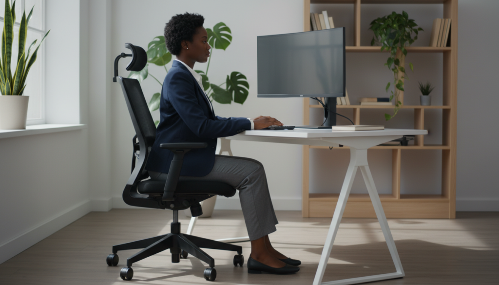A realistic office scene depicting a person sitting at a desk in an ergonomic position, showcasing proper posture. The foreground features a diverse individual in professional business attire, sitting upright with a straight back, feet flat on the floor, and arms at a 90-degree angle on the desk. In the middle ground, there’s a modern office setup with a chair that offers lumbar support and a computer at eye level. Soft, natural light filters in through a window, casting gentle shadows on the desk. The background includes office elements like plants and bookshelves, creating a warm and inviting atmosphere. The overall mood is focused and productive, emphasizing the importance of ergonomic seating for daily comfort and health. A realistic office scene depicting a person sitting at a desk in an ergonomic position, showcasing proper posture. The foreground features a diverse individual in professional business attire, sitting upright with a straight back, feet flat on the floor, and arms at a 90-degree angle on the desk. In the middle ground, there’s a modern office setup with a chair that offers lumbar support and a computer at eye level. Soft, natural light filters in through a window, casting gentle shadows on the desk. The background includes office elements like plants and bookshelves, creating a warm and inviting atmosphere. The overall mood is focused and productive, emphasizing the importance of ergonomic seating for daily comfort and health.