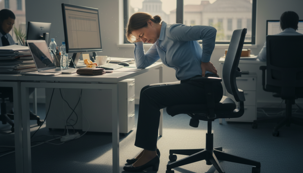 A realistic office scene showing the causes of sciatica pain, emphasizing poor posture and the impact of prolonged sitting. In the foreground, a middle-aged person in professional business attire sits at a desk, visibly uncomfortable, with a hand on their lower back. In the middle ground, an ergonomic office chair and a cluttered desk with a computer monitor, papers, and a coffee cup. The background features an office environment with soft, natural lighting streaming through a window, casting gentle shadows. The atmosphere is serious yet relatable, highlighting the risks of sedentary lifestyles in work settings. Capture the essence of daily life in an EU office, ensuring it feels authentic and relevant. A realistic office scene showing the causes of sciatica pain, emphasizing poor posture and the impact of prolonged sitting. In the foreground, a middle-aged person in professional business attire sits at a desk, visibly uncomfortable, with a hand on their lower back. In the middle ground, an ergonomic office chair and a cluttered desk with a computer monitor, papers, and a coffee cup. The background features an office environment with soft, natural lighting streaming through a window, casting gentle shadows. The atmosphere is serious yet relatable, highlighting the risks of sedentary lifestyles in work settings. Capture the essence of daily life in an EU office, ensuring it feels authentic and relevant.