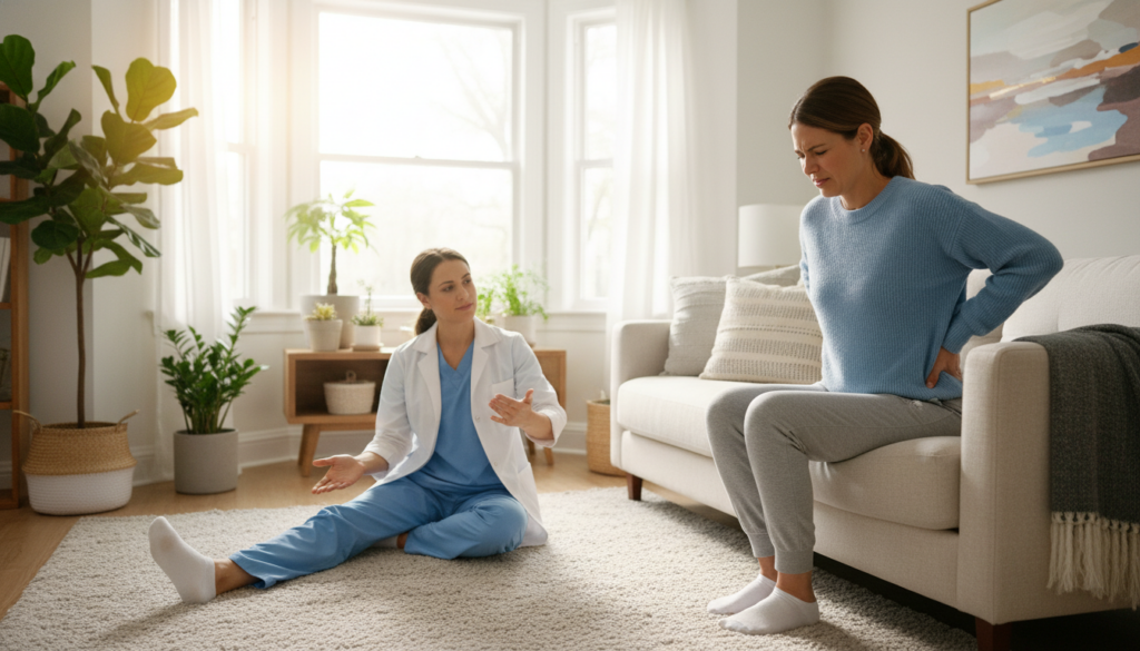 A realistic scene depicting a person experiencing symptoms of a trapped sciatic nerve, set in a bright and inviting living room. In the foreground, an individual in modest casual clothing sits on a comfortable sofa, holding their lower back with a pained expression, highlighting the discomfort associated with sciatica. In the middle ground, a therapist, dressed in professional attire, demonstrates a gentle stretching technique to alleviate pain. In the background, warm natural light filters through a window, accentuating the calm atmosphere. The room should have homey elements like plants and soft furnishings, creating a sense of everyday life. The overall mood is informative and supportive, reflecting a balance of health awareness and comfort. A realistic scene depicting a person experiencing symptoms of a trapped sciatic nerve, set in a bright and inviting living room. In the foreground, an individual in modest casual clothing sits on a comfortable sofa, holding their lower back with a pained expression, highlighting the discomfort associated with sciatica. In the middle ground, a therapist, dressed in professional attire, demonstrates a gentle stretching technique to alleviate pain. In the background, warm natural light filters through a window, accentuating the calm atmosphere. The room should have homey elements like plants and soft furnishings, creating a sense of everyday life. The overall mood is informative and supportive, reflecting a balance of health awareness and comfort.