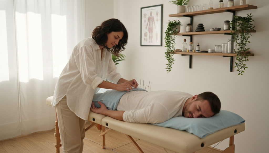 A serene and inviting physiotherapy clinic with a soft, natural light illuminating the room. In the foreground, a trained physiotherapist, dressed in modest casual clothing, is gently demonstrating acupuncture techniques on a patient’s lower back who is comfortably reclined on a treatment table. The middle layer reveals acupuncture needles delicately placed along the patient's spine, symbolizing relief from sciatica pain. In the background, shelves lined with holistic therapy tools and plants add to the calming atmosphere. The overall mood is peaceful and supportive, emphasizing a natural, gentle approach to therapeutic methods for sciatica relief, set within a realistic, everyday EU healthcare environment. A serene and inviting physiotherapy clinic with a soft, natural light illuminating the room. In the foreground, a trained physiotherapist, dressed in modest casual clothing, is gently demonstrating acupuncture techniques on a patient’s lower back who is comfortably reclined on a treatment table. The middle layer reveals acupuncture needles delicately placed along the patient's spine, symbolizing relief from sciatica pain. In the background, shelves lined with holistic therapy tools and plants add to the calming atmosphere. The overall mood is peaceful and supportive, emphasizing a natural, gentle approach to therapeutic methods for sciatica relief, set within a realistic, everyday EU healthcare environment.