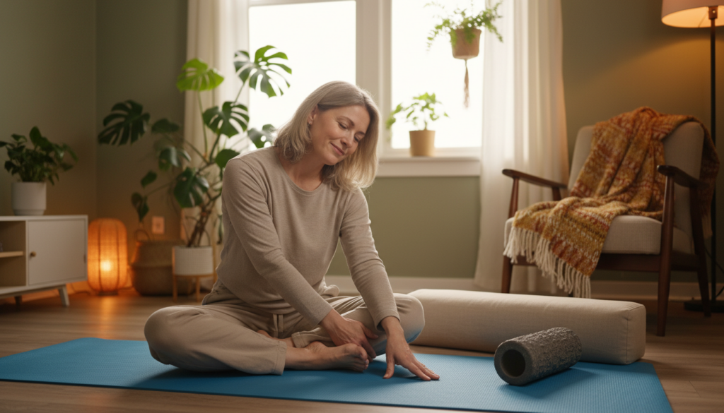 A serene and realistic indoor scene depicting a middle-aged person in modest casual clothing, practicing three techniques for relieving sciatic nerve pain. In the foreground, show the individual, seated comfortably on a yoga mat, demonstrating a gentle stretching exercise targeting the lower back. The middle section includes soft yoga props like a bolster and a foam roller, conveying a sense of relaxation and healing. The background features a calming living space with natural light streaming through a window, plants, and soothing colors to enhance the atmosphere of wellness. Employ soft, warm lighting to create a welcoming and peaceful mood, capturing the essence of immediate relief and comfort from sciatic discomfort. A serene and realistic indoor scene depicting a middle-aged person in modest casual clothing, practicing three techniques for relieving sciatic nerve pain. In the foreground, show the individual, seated comfortably on a yoga mat, demonstrating a gentle stretching exercise targeting the lower back. The middle section includes soft yoga props like a bolster and a foam roller, conveying a sense of relaxation and healing. The background features a calming living space with natural light streaming through a window, plants, and soothing colors to enhance the atmosphere of wellness. Employ soft, warm lighting to create a welcoming and peaceful mood, capturing the essence of immediate relief and comfort from sciatic discomfort.