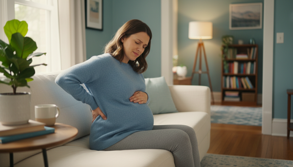 A serene and realistic indoor setting featuring a pregnant woman resting on a comfortable sofa, displaying a pained expression while gently holding her lower back. She is dressed in modest and comfortable clothing, illustrating the discomfort often associated with sciatic nerve issues during pregnancy. In the foreground, soft natural light filters through a window, enhancing the warm atmosphere. The middle layer showcases a cozy living room with soft furnishings, a plant on the side table, and a calming color palette. In the background, a peaceful scene of a gently lit room further emphasizes the tranquility, capturing the everyday life of a pregnant woman dealing with ischias nerv symptoms. The image is grounded in reality, avoiding any studio-like polish, and exudes empathy and understanding. A serene and realistic indoor setting featuring a pregnant woman resting on a comfortable sofa, displaying a pained expression while gently holding her lower back. She is dressed in modest and comfortable clothing, illustrating the discomfort often associated with sciatic nerve issues during pregnancy. In the foreground, soft natural light filters through a window, enhancing the warm atmosphere. The middle layer showcases a cozy living room with soft furnishings, a plant on the side table, and a calming color palette. In the background, a peaceful scene of a gently lit room further emphasizes the tranquility, capturing the everyday life of a pregnant woman dealing with ischias nerv symptoms. The image is grounded in reality, avoiding any studio-like polish, and exudes empathy and understanding.