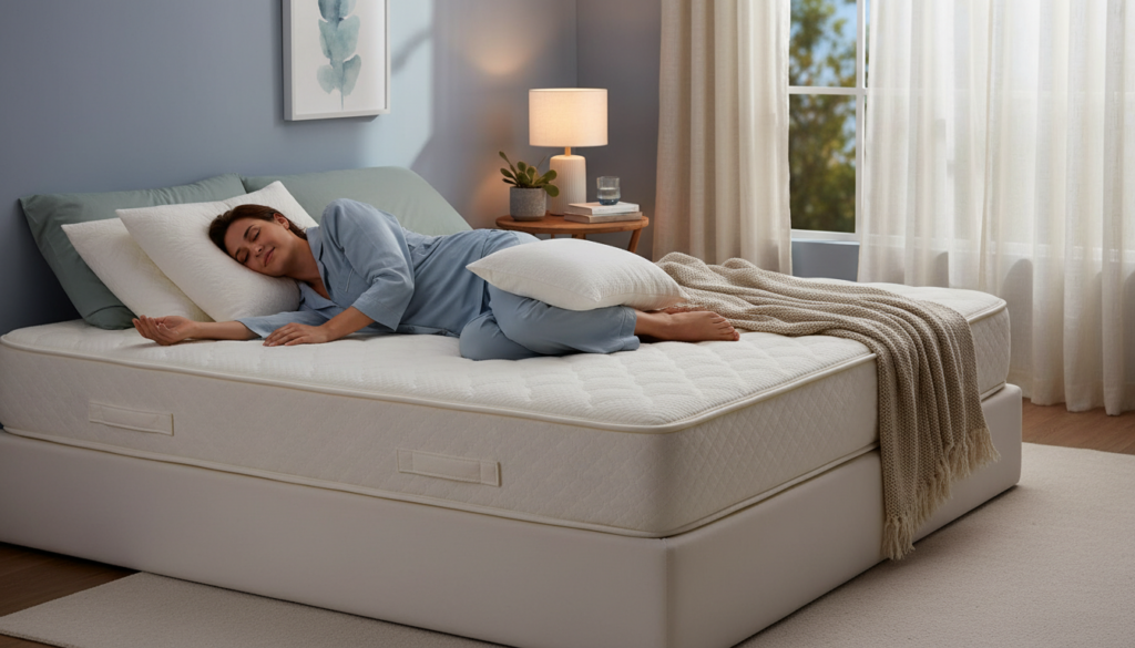 A serene bedroom scene depicting an ideal sleeping position for optimal health. In the foreground, a comfortably dressed person lies on a supportive mattress, their posture perfectly aligned with a soft pillow under their head. Their legs are slightly bent, and a pillow is placed between their knees, showcasing a side-sleeping position that alleviates pressure on the spine. The middle ground features a cozy, warmly lit bedside with a gentle lamp illuminating the area, along with calming decorations like plants and artwork. In the background, a window reveals soft, natural light filtering through sheer curtains, adding a tranquil atmosphere. The overall mood is peaceful and inviting, emphasizing the importance of proper sleep for well-being. A serene bedroom scene depicting an ideal sleeping position for optimal health. In the foreground, a comfortably dressed person lies on a supportive mattress, their posture perfectly aligned with a soft pillow under their head. Their legs are slightly bent, and a pillow is placed between their knees, showcasing a side-sleeping position that alleviates pressure on the spine. The middle ground features a cozy, warmly lit bedside with a gentle lamp illuminating the area, along with calming decorations like plants and artwork. In the background, a window reveals soft, natural light filtering through sheer curtains, adding a tranquil atmosphere. The overall mood is peaceful and inviting, emphasizing the importance of proper sleep for well-being.