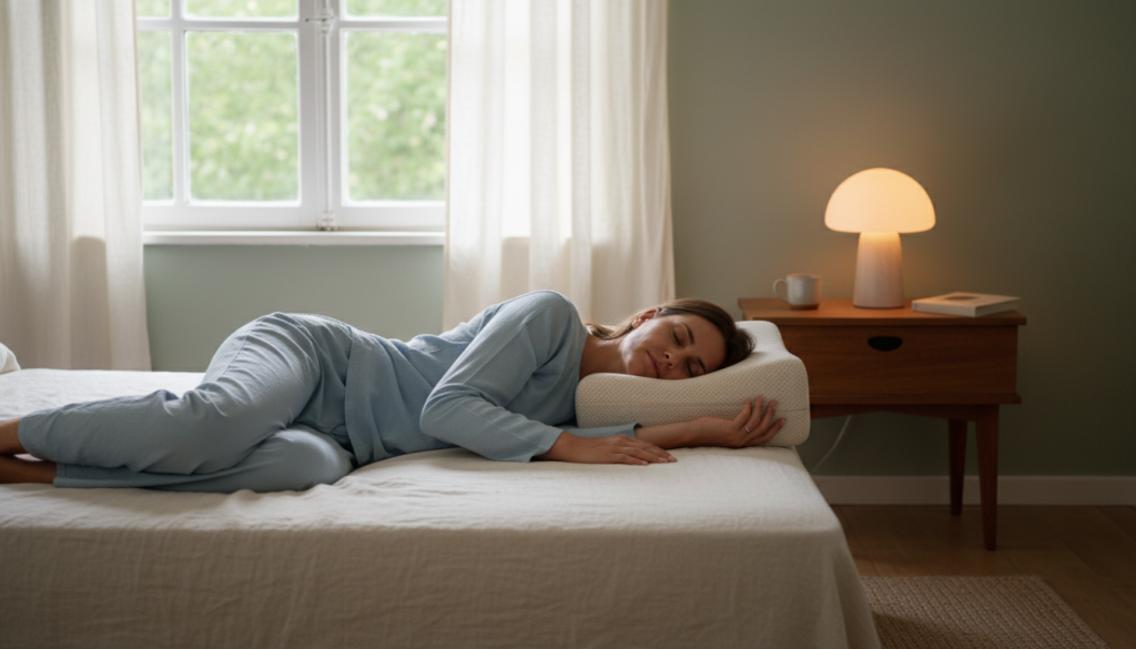 A serene bedroom setting showcasing the optimal sleeping position for back health. In the foreground, a person of European descent lies comfortably on their side in bed, dressed in modest sleepwear, with a supportive pillow and a neutral-colored duvet, emphasizing good spinal alignment. The middle layer features a bedside table with a soft lamp emitting warm, natural light, creating a calming atmosphere. In the background, a large window reveals soft daylight filtering through sheer curtains, illuminating the room naturally, enhancing the peacefulness of the environment. The scene conveys a sense of relaxation and comfort, emphasizing the importance of a proper sleeping position for spinal health without any distractions or additional elements. A serene bedroom setting showcasing the optimal sleeping position for back health. In the foreground, a person of European descent lies comfortably on their side in bed, dressed in modest sleepwear, with a supportive pillow and a neutral-colored duvet, emphasizing good spinal alignment. The middle layer features a bedside table with a soft lamp emitting warm, natural light, creating a calming atmosphere. In the background, a large window reveals soft daylight filtering through sheer curtains, illuminating the room naturally, enhancing the peacefulness of the environment. The scene conveys a sense of relaxation and comfort, emphasizing the importance of a proper sleeping position for spinal health without any distractions or additional elements.