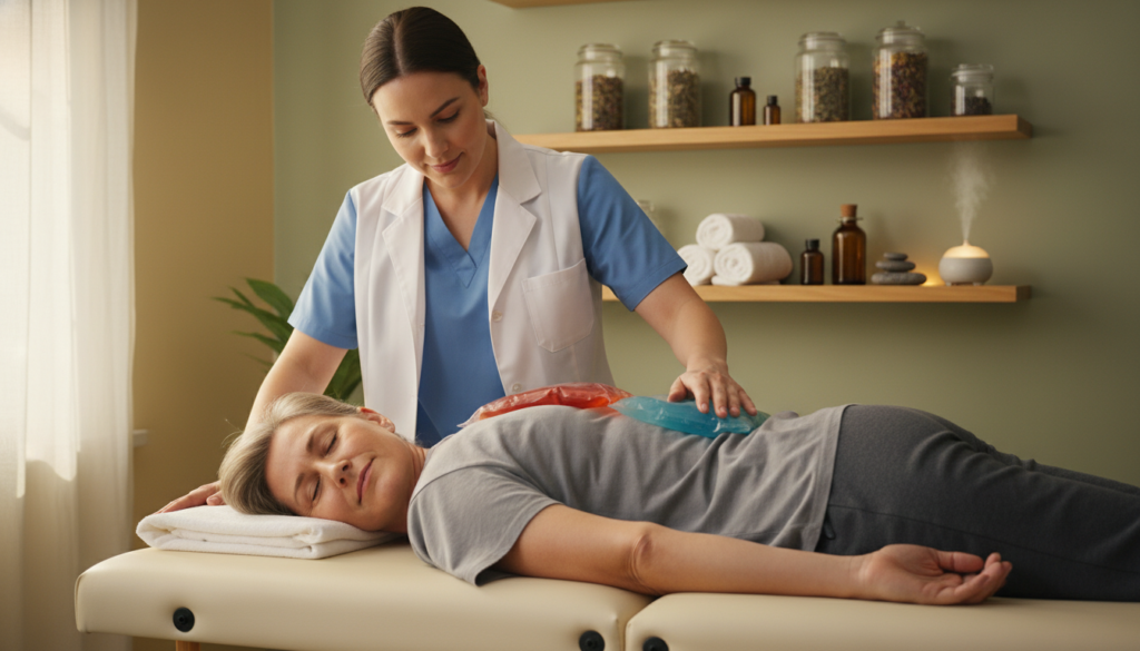 A serene, comfortable room with a patient receiving Wärme Kälte Therapie for nerve pain. In the foreground, a middle-aged individual, wearing modest casual clothing, is lying on a treatment table, with soothing hot and cold packs strategically placed on their lower back. In the middle ground, a qualified therapist, also in professional attire, gently monitors the patient’s comfort while adjusting the packs. The background features softly lit shelves with natural therapeutic elements like herbal teas and soothing oils. The atmosphere is calm and nurturing, with warm sunlight filtering through a window, enhancing the realistic and natural feel of the setting. The image conveys a sense of relief and professionalism, emphasizing home remedies and physical therapy techniques. A serene, comfortable room with a patient receiving Wärme Kälte Therapie for nerve pain. In the foreground, a middle-aged individual, wearing modest casual clothing, is lying on a treatment table, with soothing hot and cold packs strategically placed on their lower back. In the middle ground, a qualified therapist, also in professional attire, gently monitors the patient’s comfort while adjusting the packs. The background features softly lit shelves with natural therapeutic elements like herbal teas and soothing oils. The atmosphere is calm and nurturing, with warm sunlight filtering through a window, enhancing the realistic and natural feel of the setting. The image conveys a sense of relief and professionalism, emphasizing home remedies and physical therapy techniques.