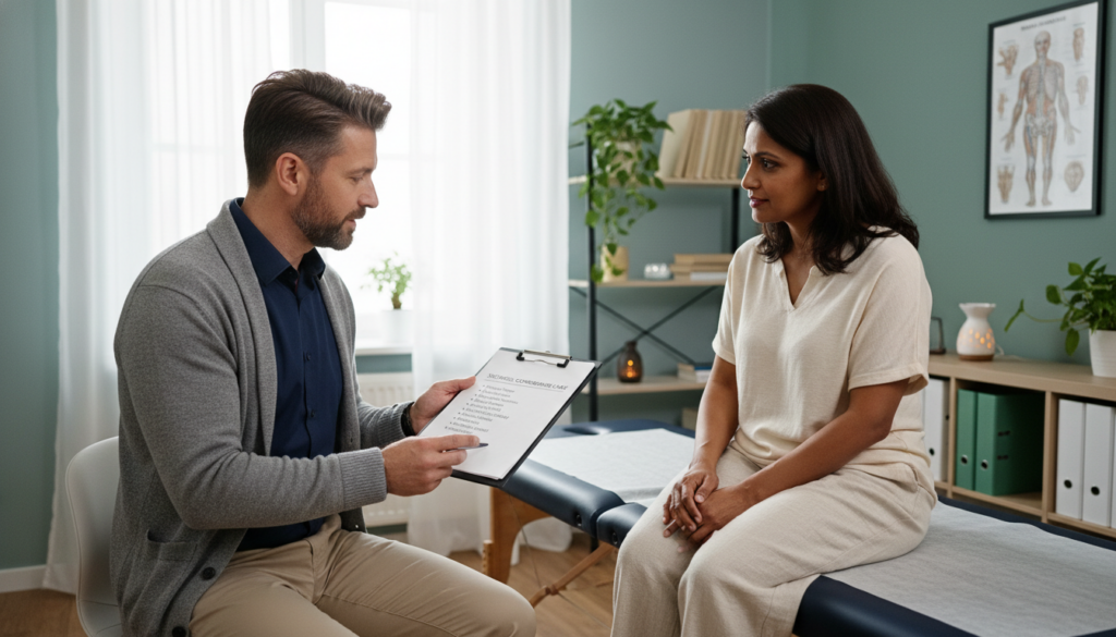 A serene consultation scene depicting a healthcare professional and a patient in a comfortable clinic setting, focusing on conservative treatment methods for sciatica. In the foreground, a middle-aged doctor in a smart casual outfit, reviewing a treatment plan on a clipboard, showing empathy and professionalism. The patient, a diverse individual in modest clothing, sits attentively on a treatment table, looking engaged and hopeful. The background features soft, natural lighting coming through a window, highlighting shelves with medical books and plant decor, evoking a warm, inviting atmosphere. The mood is supportive and informative, reflecting a genuine approach to healing and wellness in a typical European clinical environment. A serene consultation scene depicting a healthcare professional and a patient in a comfortable clinic setting, focusing on conservative treatment methods for sciatica. In the foreground, a middle-aged doctor in a smart casual outfit, reviewing a treatment plan on a clipboard, showing empathy and professionalism. The patient, a diverse individual in modest clothing, sits attentively on a treatment table, looking engaged and hopeful. The background features soft, natural lighting coming through a window, highlighting shelves with medical books and plant decor, evoking a warm, inviting atmosphere. The mood is supportive and informative, reflecting a genuine approach to healing and wellness in a typical European clinical environment.