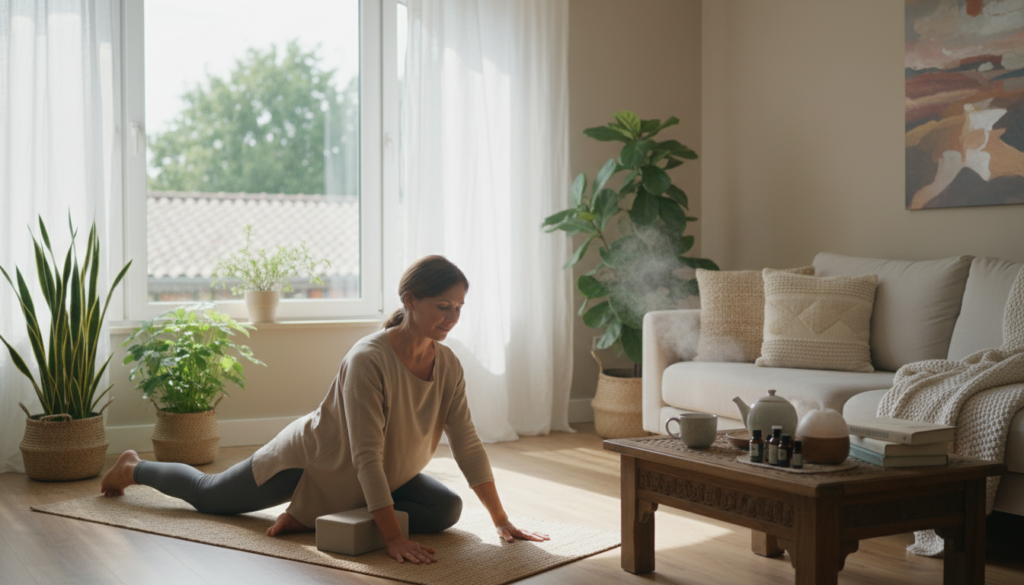 A serene indoor scene showcasing complementary pain relief measures for sciatic nerve relief. In the foreground, a middle-aged woman in comfortable athleisure clothes is practicing yoga, performing a gentle stretch on a yoga mat. In the middle, a wooden coffee table holds a few natural health products like herbal teas and essential oils, implying a holistic approach. In the background, soft natural light streams through a large window adorned with sheer curtains, illuminating a cozy, well-decorated living room with houseplants and neutral tones. The overall atmosphere is calming and nurturing, inviting a sense of peace and well-being. The image should feel realistic and resonate with everyday life in a warm European setting. A serene indoor scene showcasing complementary pain relief measures for sciatic nerve relief. In the foreground, a middle-aged woman in comfortable athleisure clothes is practicing yoga, performing a gentle stretch on a yoga mat. In the middle, a wooden coffee table holds a few natural health products like herbal teas and essential oils, implying a holistic approach. In the background, soft natural light streams through a large window adorned with sheer curtains, illuminating a cozy, well-decorated living room with houseplants and neutral tones. The overall atmosphere is calming and nurturing, inviting a sense of peace and well-being. The image should feel realistic and resonate with everyday life in a warm European setting.