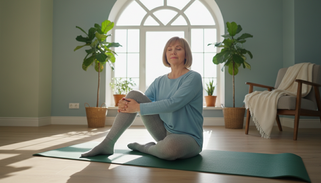 A serene indoor setting depicting a middle-aged woman in modest, casual athletic clothing, practicing gentle exercises aimed at alleviating sciatic pain. She is depicted in the foreground, performing a seated stretch on a yoga mat, with a look of concentration and tranquility on her face. In the middle background, soft natural light streams through a large window, illuminating a peaceful room with indoor plants and a minimalist aesthetic. On the walls, subtle hints of calming colors create a soothing atmosphere. The angle captures both the focus on the exercise and the tranquil environment, emphasizing a sense of wellness and recovery. The scene conveys a mood of hope and healing, centered around natural movements for pain reduction. A serene indoor setting depicting a middle-aged woman in modest, casual athletic clothing, practicing gentle exercises aimed at alleviating sciatic pain. She is depicted in the foreground, performing a seated stretch on a yoga mat, with a look of concentration and tranquility on her face. In the middle background, soft natural light streams through a large window, illuminating a peaceful room with indoor plants and a minimalist aesthetic. On the walls, subtle hints of calming colors create a soothing atmosphere. The angle captures both the focus on the exercise and the tranquil environment, emphasizing a sense of wellness and recovery. The scene conveys a mood of hope and healing, centered around natural movements for pain reduction.