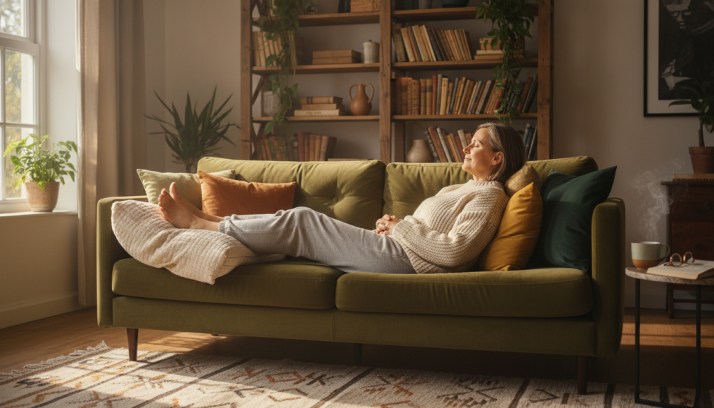 A serene indoor setting depicting a person sitting on a comfortable couch, demonstrating a "stufenlagerung" position for relief from sciatica pain. The individual is a middle-aged adult in a cozy sweater and soft pants, gracefully positioned with legs elevated on a cushion. Natural light pours in from a large window, casting soft shadows and creating a warm, inviting atmosphere. In the background, a shelf with books and plants adds a touch of life without distracting from the main focus. The overall mood conveys tranquility and a sense of relief. The image should be captured with a warm color palette, emphasizing realism and a relatable environment, ensuring that the scene feels grounded and authentic. A serene indoor setting depicting a person sitting on a comfortable couch, demonstrating a "stufenlagerung" position for relief from sciatica pain. The individual is a middle-aged adult in a cozy sweater and soft pants, gracefully positioned with legs elevated on a cushion. Natural light pours in from a large window, casting soft shadows and creating a warm, inviting atmosphere. In the background, a shelf with books and plants adds a touch of life without distracting from the main focus. The overall mood conveys tranquility and a sense of relief. The image should be captured with a warm color palette, emphasizing realism and a relatable environment, ensuring that the scene feels grounded and authentic.