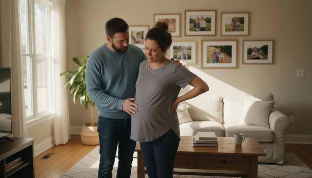A serene indoor setting depicting a pregnant woman in a modest, casual outfit, gently holding her lower back with a look of concern on her face, illustrating the discomfort associated with sciatica in pregnancy. In the foreground, a supportive partner is nearby, offering comfort and assistance. The middle ground features a cozy living room with soft lighting filtering in through a window, casting warm shadows and creating a calm atmosphere. In the background, light-colored walls adorned with family photographs enhance the feeling of a nurturing home environment. The scene conveys empathy and support, showcasing the everyday realities of managing sciatica during pregnancy. The composition uses natural light to maintain a realistic, relatable feel without any artificial gloss or studio effects. A serene indoor setting depicting a pregnant woman in a modest, casual outfit, gently holding her lower back with a look of concern on her face, illustrating the discomfort associated with sciatica in pregnancy. In the foreground, a supportive partner is nearby, offering comfort and assistance. The middle ground features a cozy living room with soft lighting filtering in through a window, casting warm shadows and creating a calm atmosphere. In the background, light-colored walls adorned with family photographs enhance the feeling of a nurturing home environment. The scene conveys empathy and support, showcasing the everyday realities of managing sciatica during pregnancy. The composition uses natural light to maintain a realistic, relatable feel without any artificial gloss or studio effects.