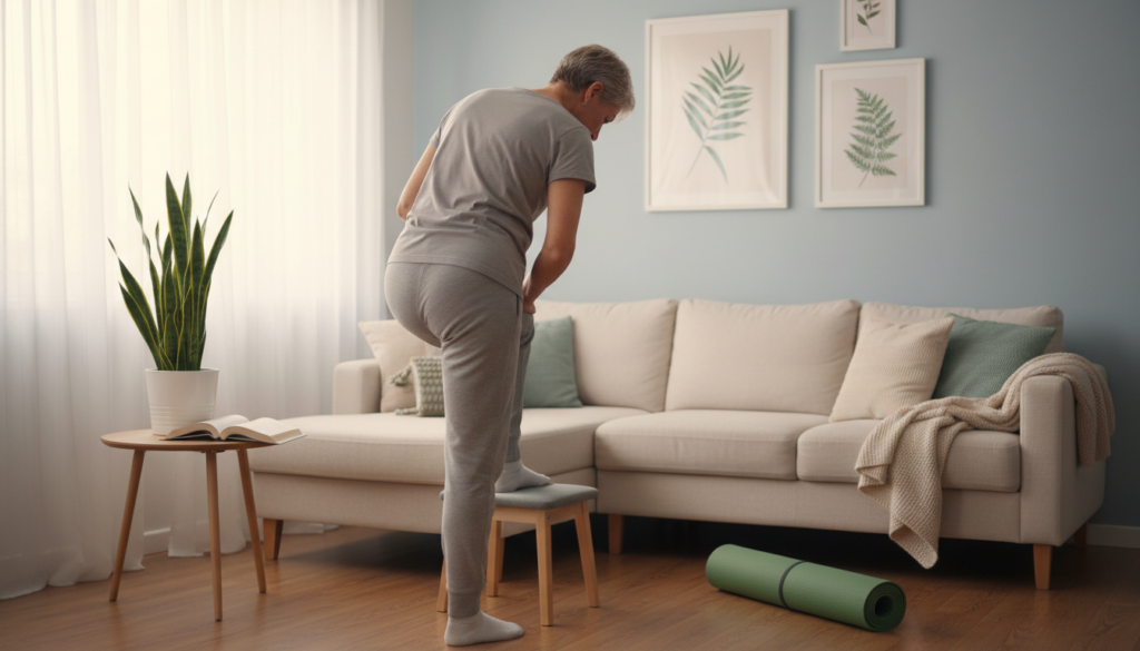 A serene indoor setting showcasing a calm, modestly dressed middle-aged individual performing a gentle stretching exercise to alleviate sciatica pain. In the foreground, focus on the person, with their back to the viewer, executing a standing hamstring stretch, demonstrating proper form and relaxation. The middle ground features a comfortable living room environment with soft lighting filtering through a window, casting a warm glow. Elements like a yoga mat, a potted plant, and a book about health on a nearby table create a homely atmosphere. The background should include a cozy couch and calming décor, enhancing the peaceful mood of the scene. Aim for natural lighting that highlights the subject while maintaining a realistic and relatable everyday feel. A serene indoor setting showcasing a calm, modestly dressed middle-aged individual performing a gentle stretching exercise to alleviate sciatica pain. In the foreground, focus on the person, with their back to the viewer, executing a standing hamstring stretch, demonstrating proper form and relaxation. The middle ground features a comfortable living room environment with soft lighting filtering through a window, casting a warm glow. Elements like a yoga mat, a potted plant, and a book about health on a nearby table create a homely atmosphere. The background should include a cozy couch and calming décor, enhancing the peaceful mood of the scene. Aim for natural lighting that highlights the subject while maintaining a realistic and relatable everyday feel.