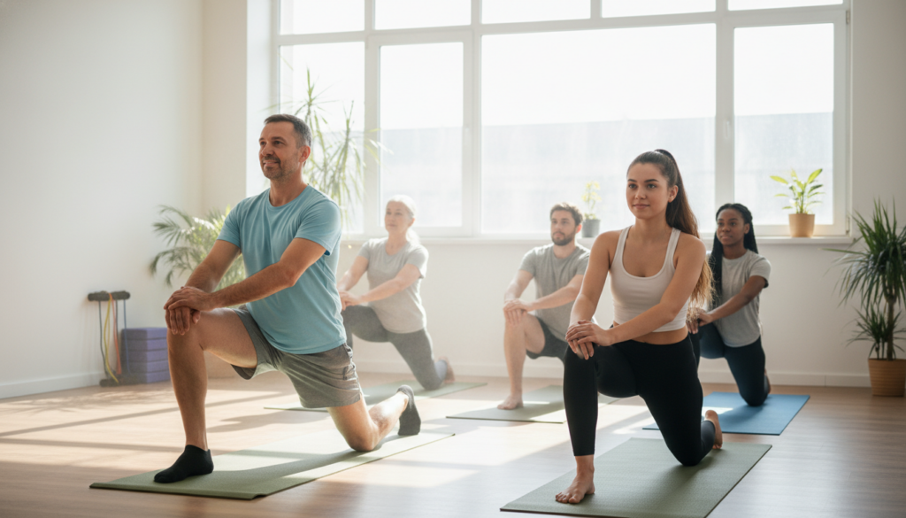 A serene indoor setting showcasing a diverse group of people engaging in a hip flexor stretching exercise. In the foreground, two individuals, one male and one female, are performing the stretch on yoga mats, wearing comfortable sportswear. The male, a middle-aged person with short hair, demonstrates a lunging position, while the female, a young adult with long hair tied back, showcases a forward bend. In the middle ground, a few others are following along, creating a sense of community and support. The background features soft natural light streaming through a large window, illuminating the space and casting gentle shadows. The atmosphere is calm and focused, encouraging viewers to feel inspired to incorporate this exercise into their routine. A serene indoor setting showcasing a diverse group of people engaging in a hip flexor stretching exercise. In the foreground, two individuals, one male and one female, are performing the stretch on yoga mats, wearing comfortable sportswear. The male, a middle-aged person with short hair, demonstrates a lunging position, while the female, a young adult with long hair tied back, showcases a forward bend. In the middle ground, a few others are following along, creating a sense of community and support. The background features soft natural light streaming through a large window, illuminating the space and casting gentle shadows. The atmosphere is calm and focused, encouraging viewers to feel inspired to incorporate this exercise into their routine.